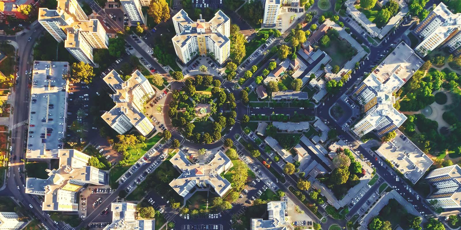 Aerial view of buildings on near Wilshire Blvd in Westwood.